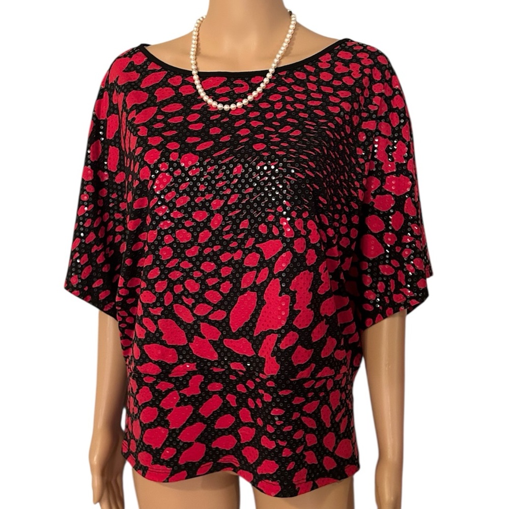 Clara Sun Woo USA Women’s Size Medium Black and Red Shimmery Dotted Stretchy Top